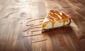 A slice of cheesecake with caramel sauce on top photo