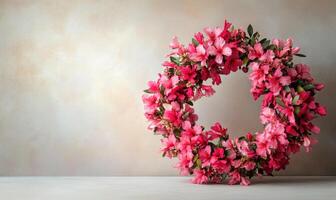A pink wreath with flowers on it is sitting on a table photo