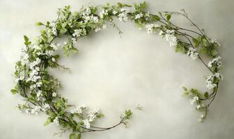 A white flower arrangement with green leaves is hanging from the ceiling photo