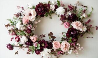 A wreath of flowers with pink and white flowers and a red flower in the center photo