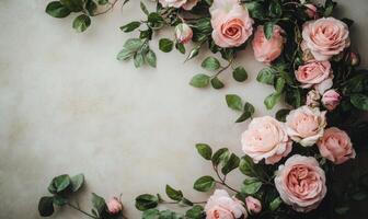 A beautiful bouquet of pink roses is arranged in a spiral pattern photo