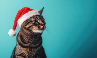 a cat in a Santa hat, blue background, empty space on the left photo