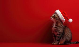 a cat sitting calmly in a Santa hat, red background, empty space on the right side photo