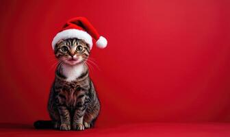 a cat sitting calmly in a Santa hat, red background, empty space on the right side photo