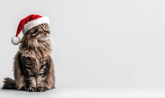 a fluffy cat in a Santa hat, sitting on a neutral light gray background, empty space on the right side photo
