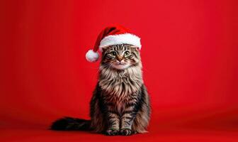 a fluffy cat in a Santa hat, red background, empty space on the right side photo