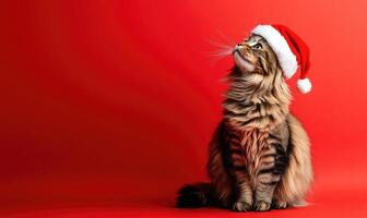 a fluffy cat in a Santa hat, red background, empty space on the right side photo