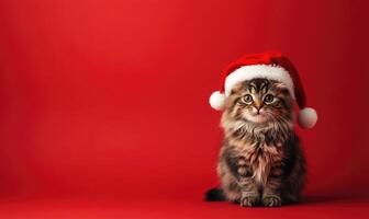 a fluffy cat in a Santa hat, red background, empty space on the right side photo