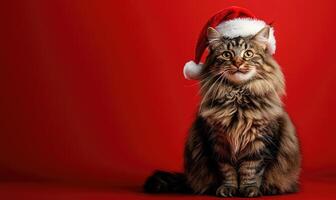 a fluffy cat in a Santa hat, red background, empty space on the right side photo