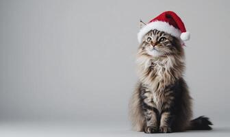 a fluffy cat in a Santa hat, sitting on a neutral light gray background, empty space on the right side photo