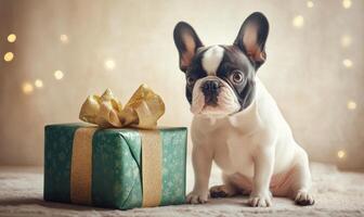 a French Bulldog sitting in front of a green Christmas present with a gold ribbon photo