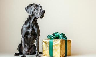 a Great Dane sitting in front of a gold Christmas gift with a green ribbon photo