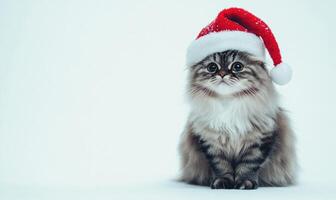 a Persian cat wearing a Santa hat, fluffy and relaxed, white background, empty space on the left photo