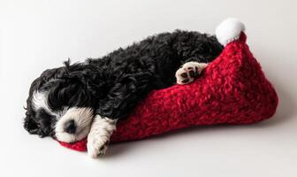 a Portuguese Water Dog puppy sleeping in a red Christmas stocking photo