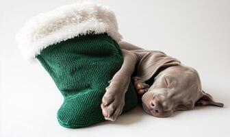 a Weimaraner puppy sleeping inside a green Christmas stocking photo