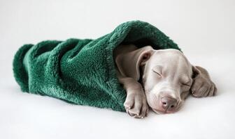 a Weimaraner puppy sleeping inside a green Christmas stocking photo