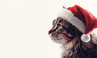 a cat in a Santa hat, white background, empty space on the left photo