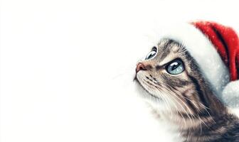 a cat in a Santa hat, white background, empty space on the left photo