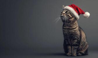 a cat in a Santa hat, sitting on a neutral gray background, empty space on the left side photo