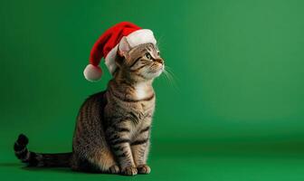 a cat sitting calmly in a Santa hat, green background, empty space on the right side photo