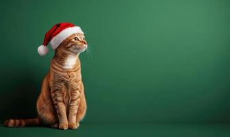 a cat sitting calmly in a Santa hat, green background, empty space on the right side photo