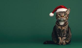 a cat sitting calmly in a Santa hat, green background, empty space on the right side photo