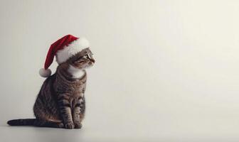a cat sitting in a Santa hat, white background, empty space on the left side photo