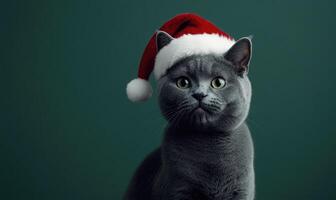 a Chartreux cat in a Santa hat, green background, empty space on the right side photo