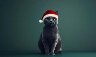a Chartreux cat in a Santa hat, green background, empty space on the right side photo