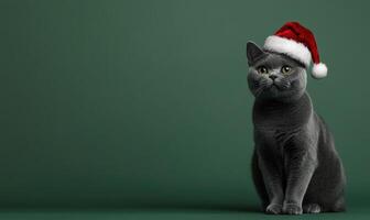 a Chartreux cat in a Santa hat, green background, empty space on the right side photo