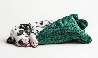 a Dalmatian puppy asleep inside a green Christmas stocking photo