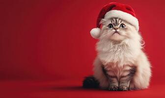 a fluffy cat in a Santa hat, red background, empty space on the right side photo