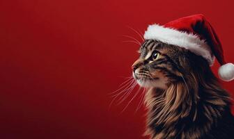 a fluffy cat in a Santa hat, red background, empty space on the right side photo