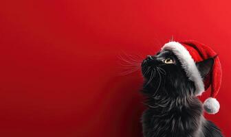 a fluffy cat in a Santa hat, red background, empty space on the right side photo