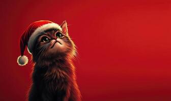a fluffy cat in a Santa hat, red background, empty space on the right side photo