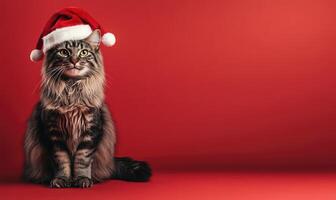 a Maine cat in a Santa hat, red background, empty space on the right photo