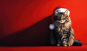 a Maine cat in a Santa hat, red background, empty space on the right photo