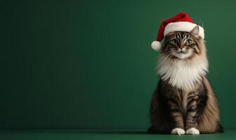a Norwegian Forest cat in a Santa hat, green background, empty space on the right photo