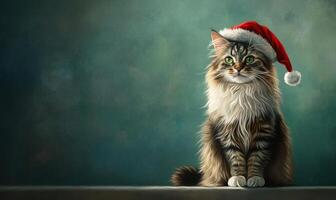 a Norwegian Forest cat in a Santa hat, green background, empty space on the right photo