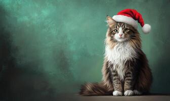 a Norwegian Forest cat in a Santa hat, green background, empty space on the right photo