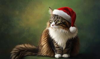 a Norwegian Forest cat in a Santa hat, green background, empty space on the right photo