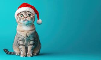 a Scottish Fold cat in a Santa hat, sitting with empty space on the right photo