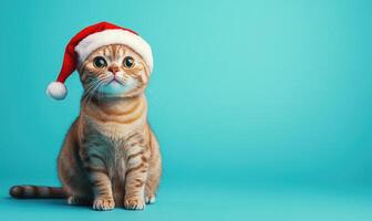 a Scottish Fold cat in a Santa hat, sitting with empty space on the right photo
