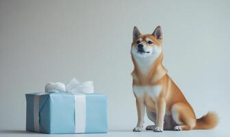 a Shiba Inu sitting in front of a blue Christmas gift with a white ribbon photo