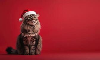 a Siberian cat in a Santa hat, red background, empty space on the right side photo