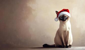 a Siamese cat in a Santa hat, beige background, empty space on the right side photo