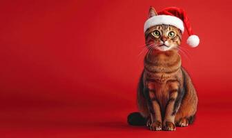 a Somali cat in a Santa hat, red background, empty space on the right side photo