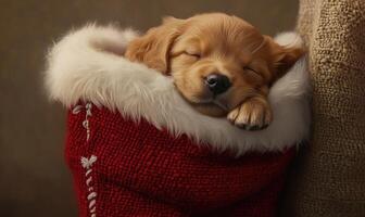 a sleeping Golden Retriever puppy inside a Christmas stocking photo