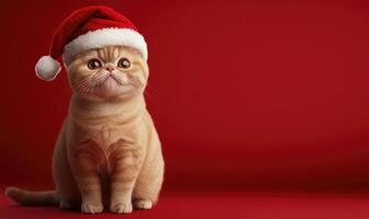 an Exotic Shorthair cat in a Santa hat, red background, empty space on the right photo