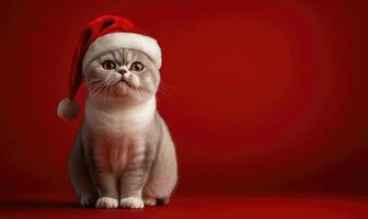 an Exotic Shorthair cat in a Santa hat, red background, empty space on the right photo